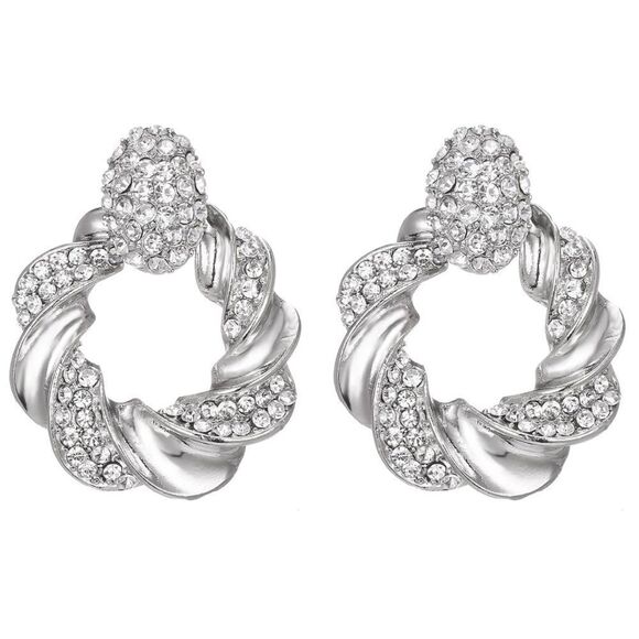 Silver with White Diamond Crystal Twisted Round Post Back Statement Earrings - Picture 1 of 5